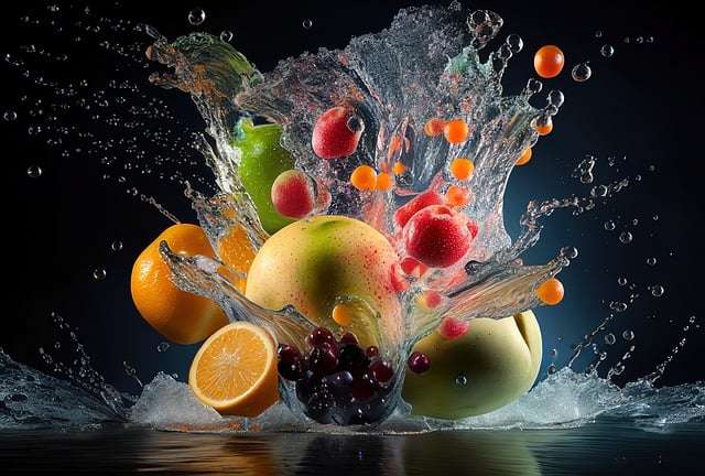 picture of nutrient-rich fruits in water splash