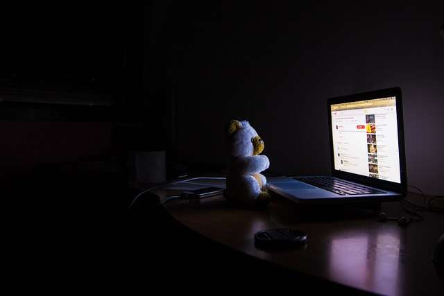 teddy bear in front of laptop at night insomnia self-care